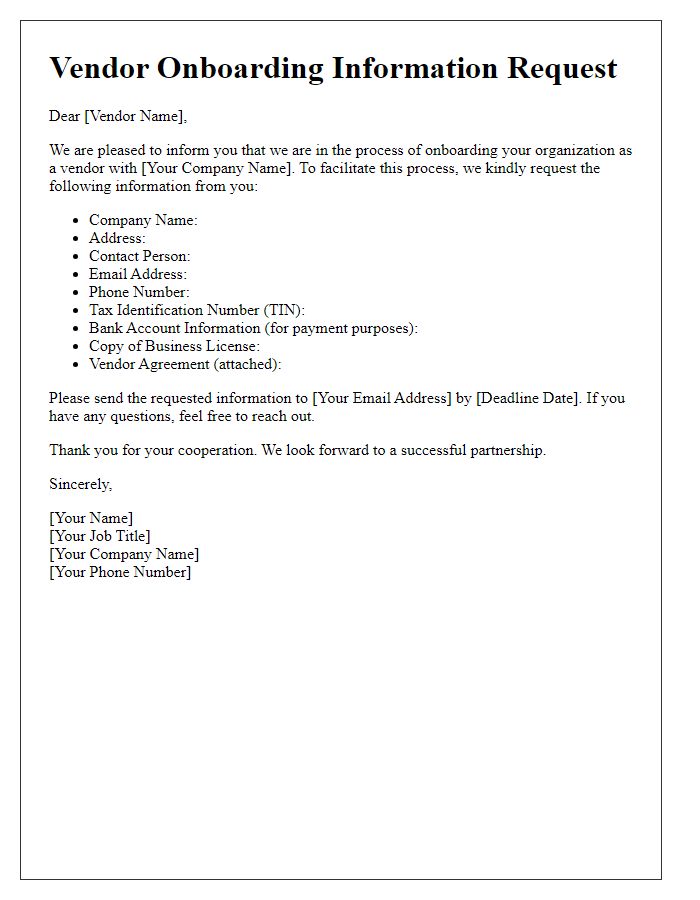 Letter template of vendor onboarding information request