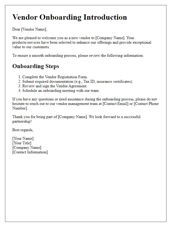 Letter template of vendor onboarding introduction