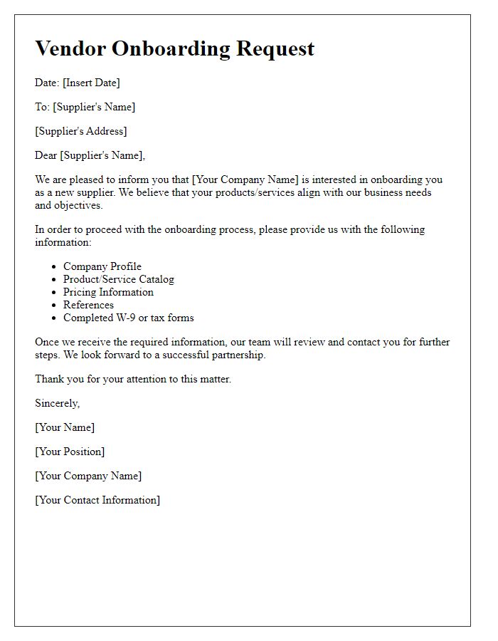 Letter template of vendor onboarding request for new suppliers