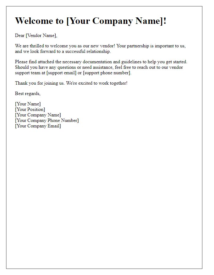 Letter template of vendor onboarding welcome message