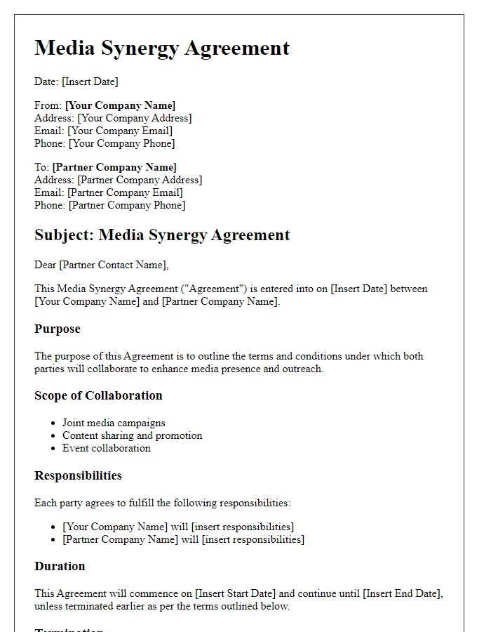 Letter template of Media Synergy Agreement