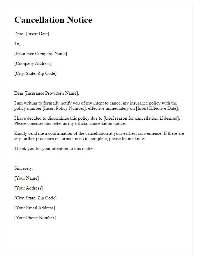 Letter template of cancellation notice for insurance services