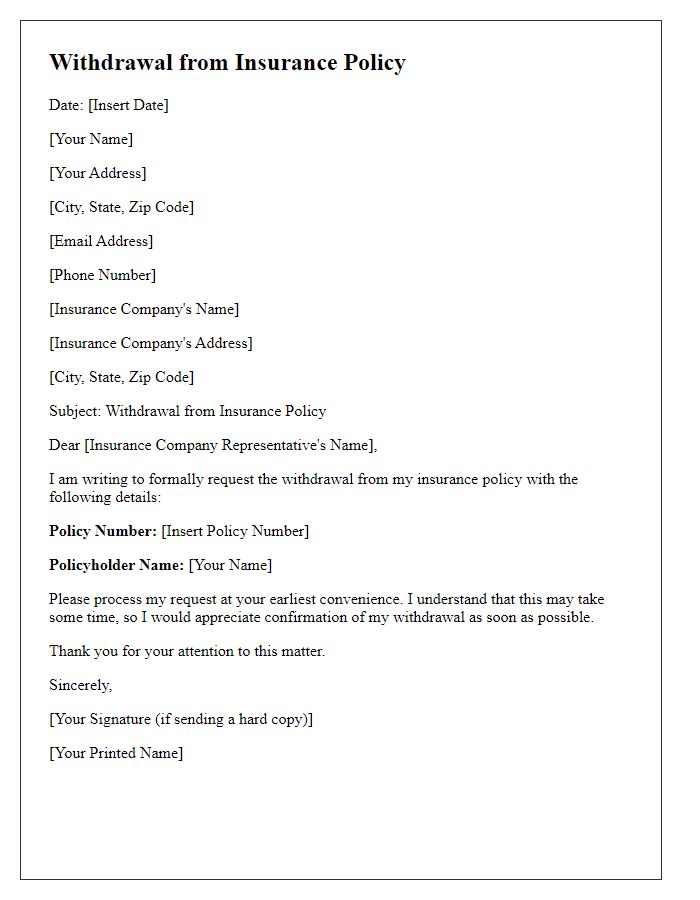 Letter template of withdrawal from insurance policy