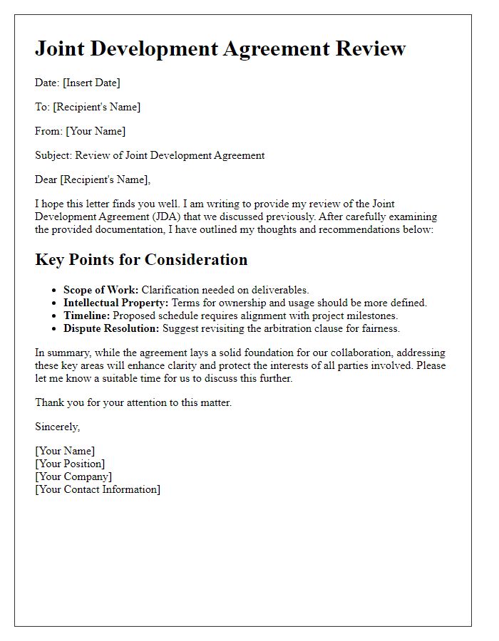 Letter template of Joint Development Agreement Review