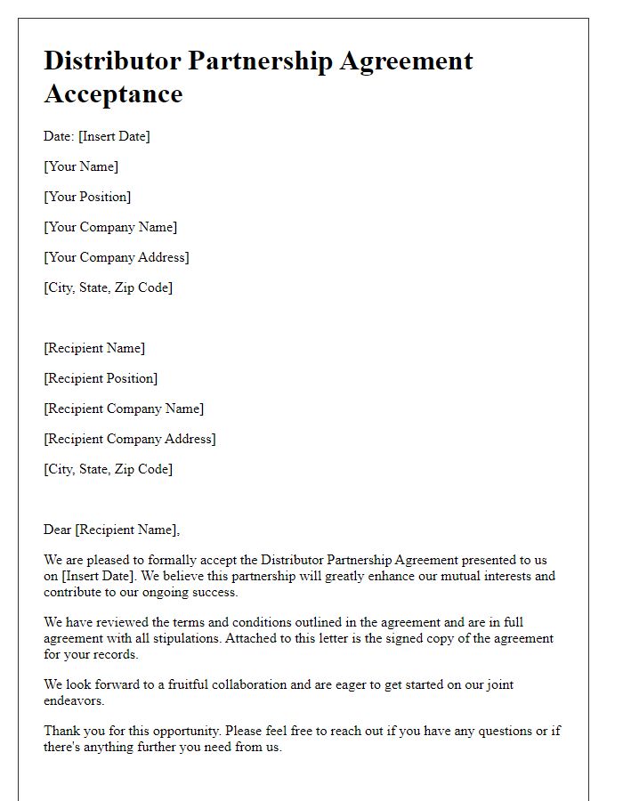 Letter template of Distributor Partnership Agreement Acceptance