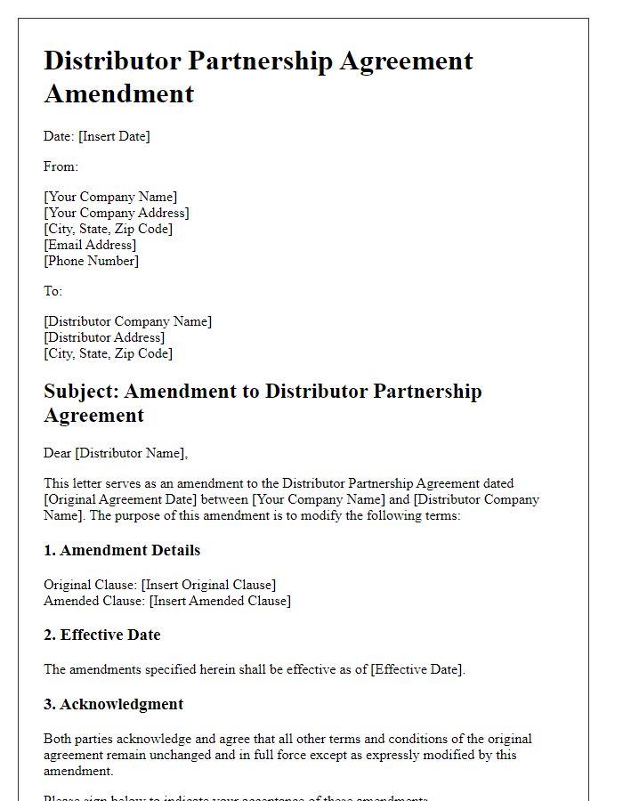 Letter template of Distributor Partnership Agreement Amendments