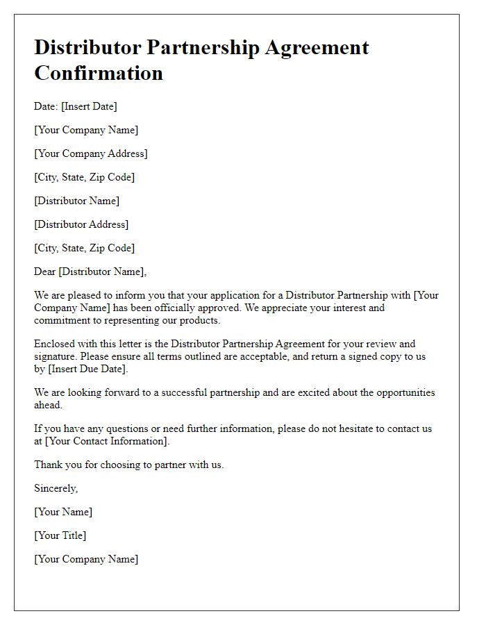 Letter template of Distributor Partnership Agreement Confirmation