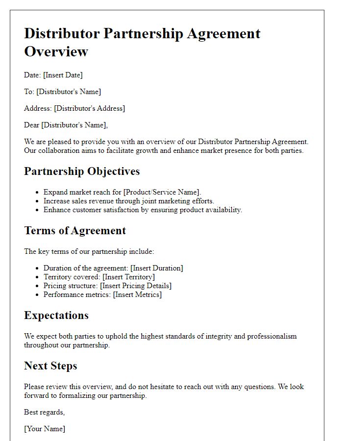 Letter template of Distributor Partnership Agreement Overview