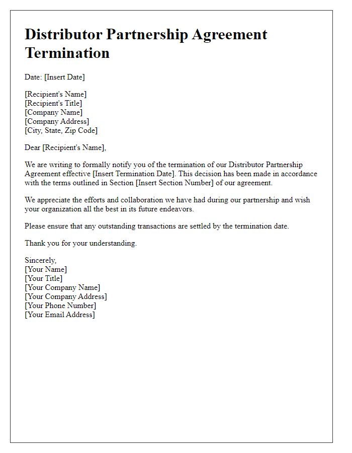 Letter template of Distributor Partnership Agreement Termination