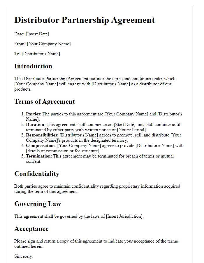 Letter template of Distributor Partnership Agreement Terms