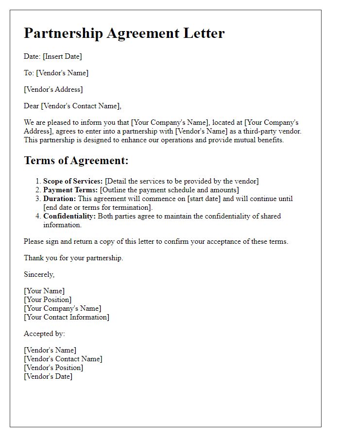 Letter template of agreement for third-party vendor partnership