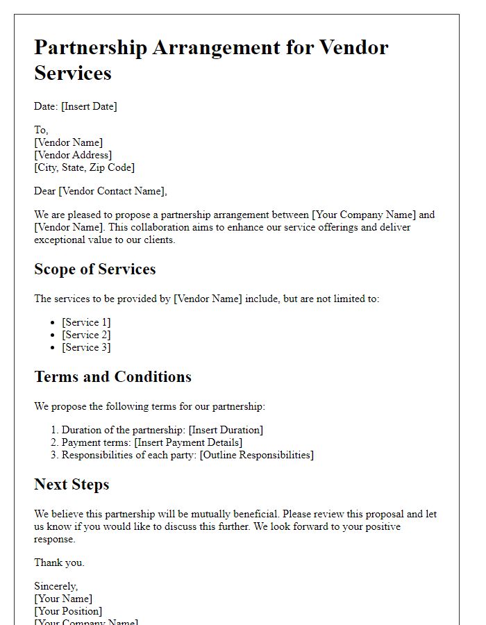 Letter template of partnership arrangement for vendor services