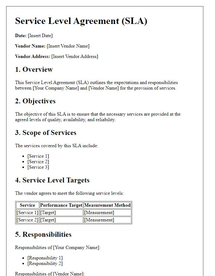 Letter template of service level agreement with a vendor