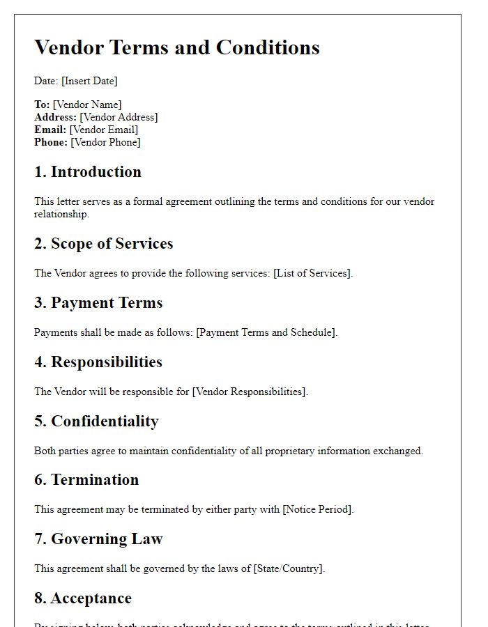 Letter template of terms and conditions for vendor relationship