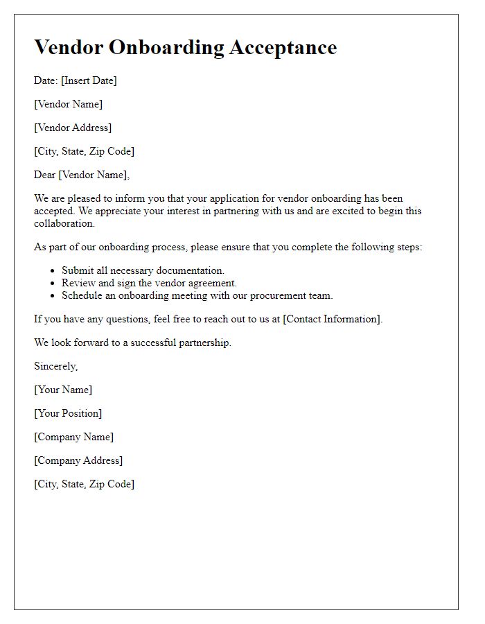 Letter template of vendor onboarding acceptance