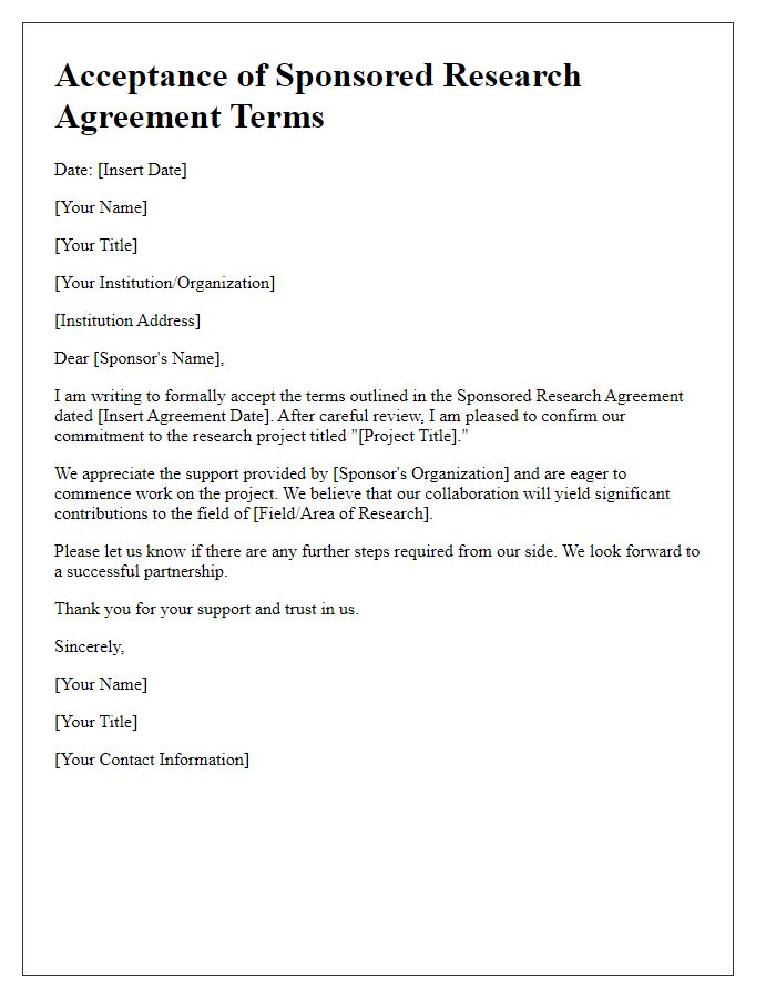 Letter template of acceptance for sponsored research agreement terms