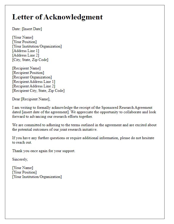 Letter template of acknowledgment for sponsored research agreement receipt