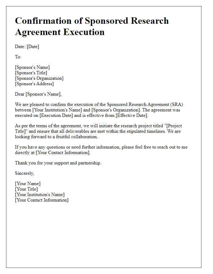 Letter template of confirmation of sponsored research agreement execution