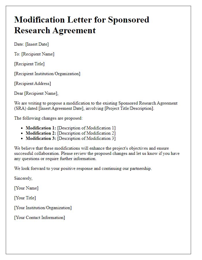 Letter template of modification for existing sponsored research agreement