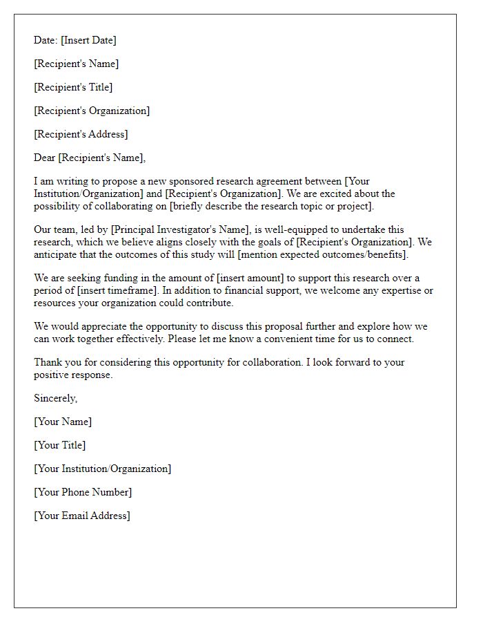 Letter template of proposal for new sponsored research agreement