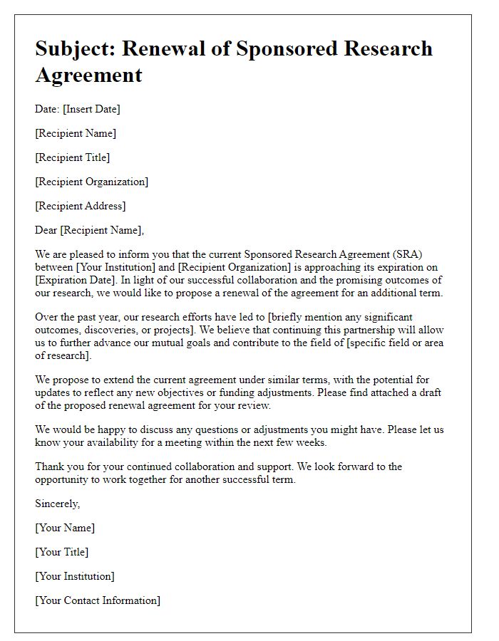 Letter template of renewal for sponsored research agreement