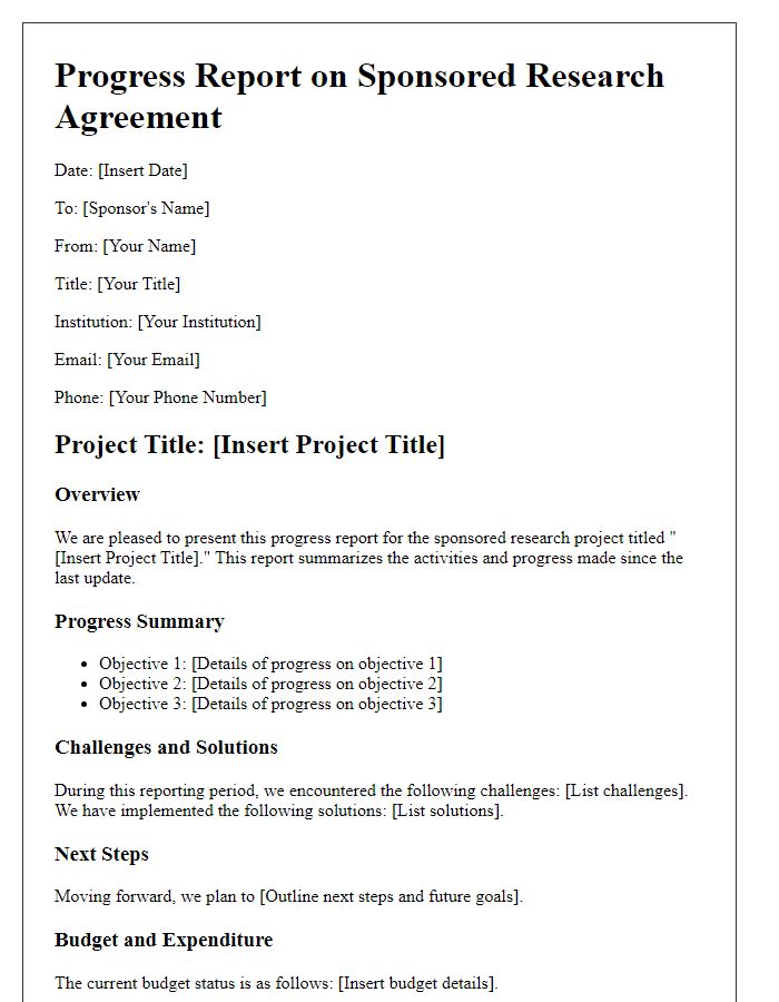 Letter template of reporting progress on sponsored research agreement