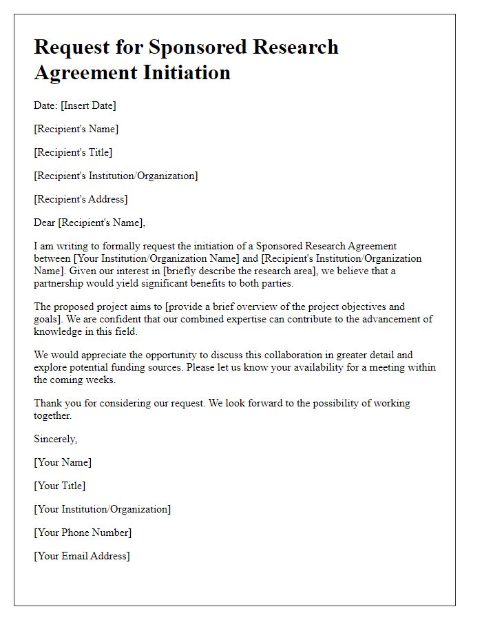 Letter template of request for sponsored research agreement initiation