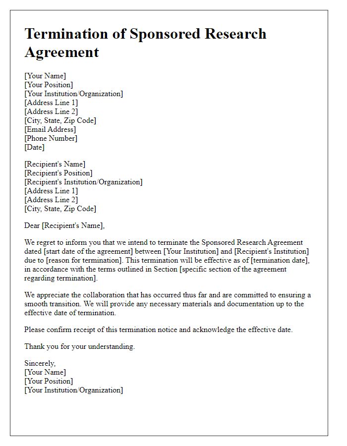 Letter template of termination for sponsored research agreement