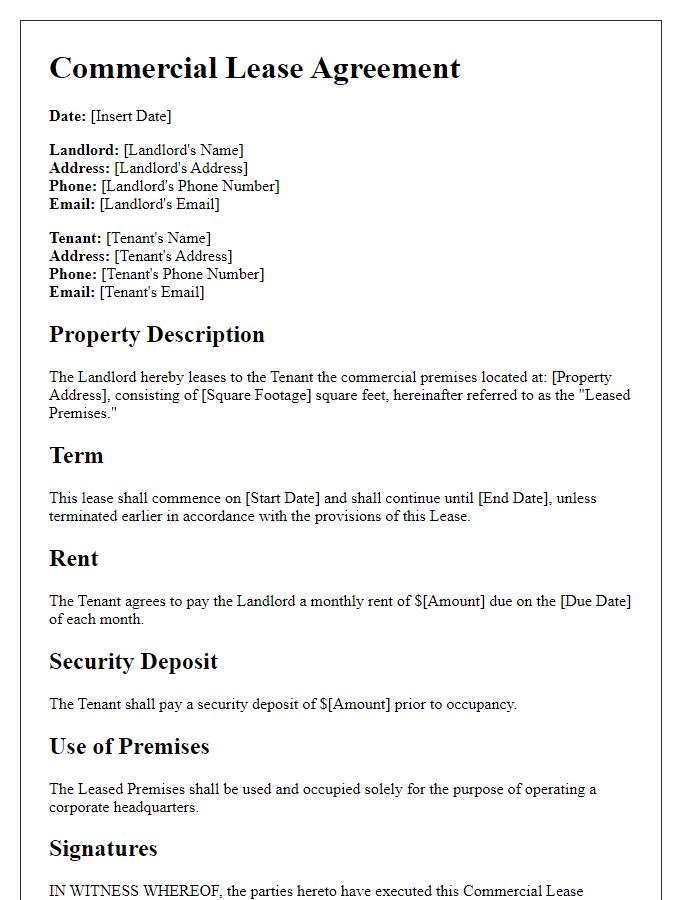 Letter template of Commercial Lease Agreement for Corporate Headquarters