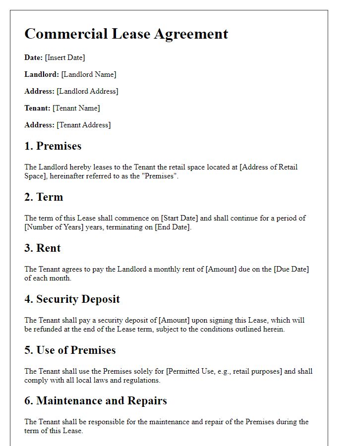 Letter template of Commercial Lease Agreement for Retail Space