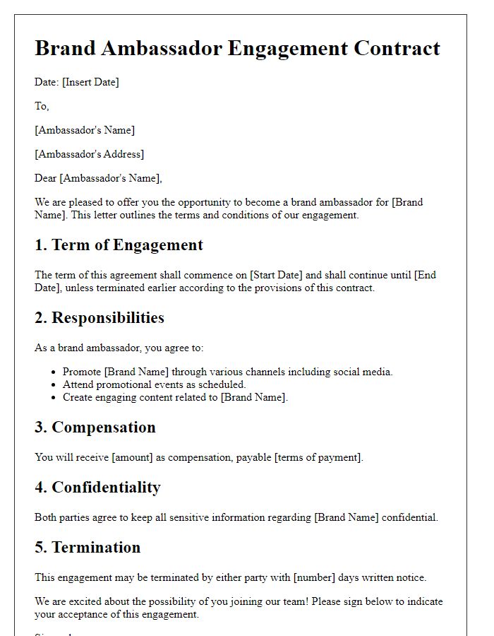 Letter template of brand ambassador engagement contract