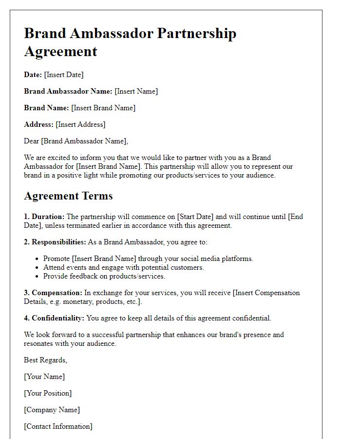 Letter template of brand ambassador partnership agreement