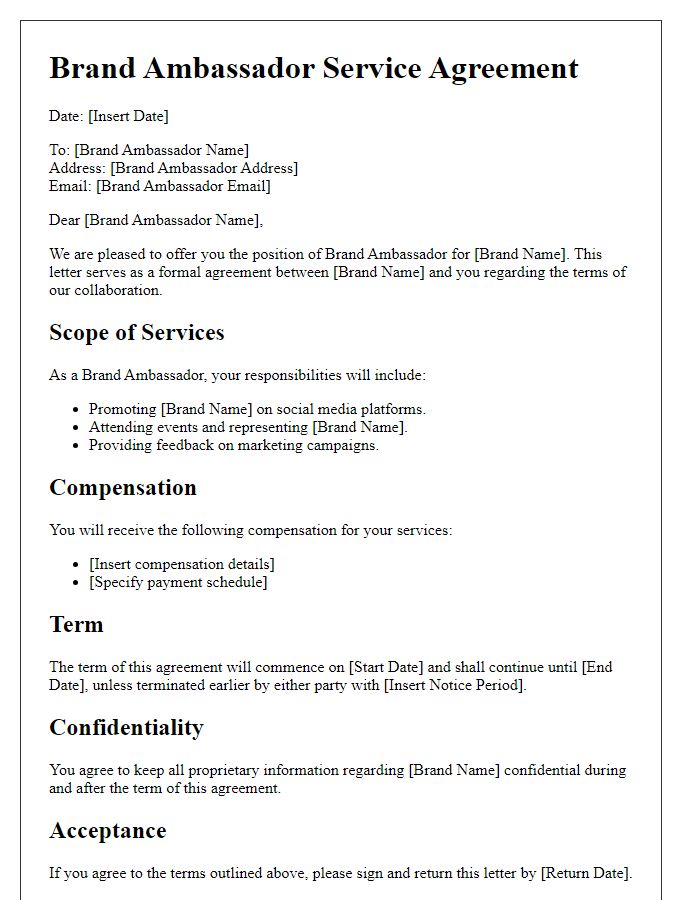 Letter template of brand ambassador service agreement