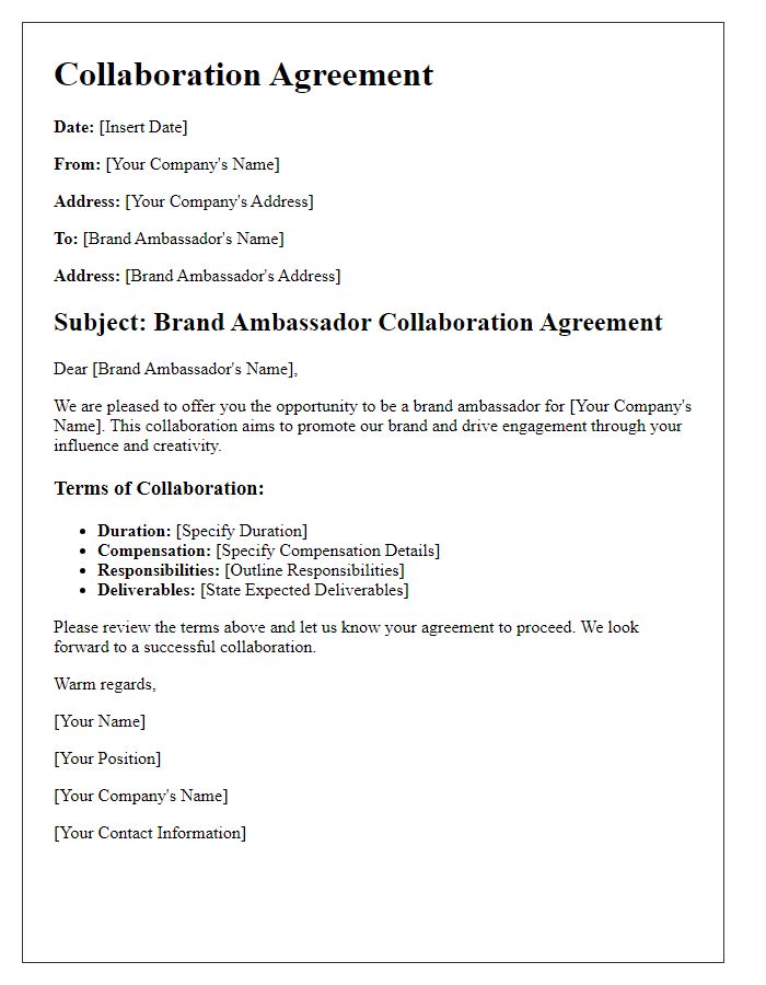 Letter template of collaboration agreement for brand ambassador