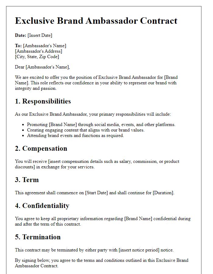 Letter template of exclusive brand ambassador contract