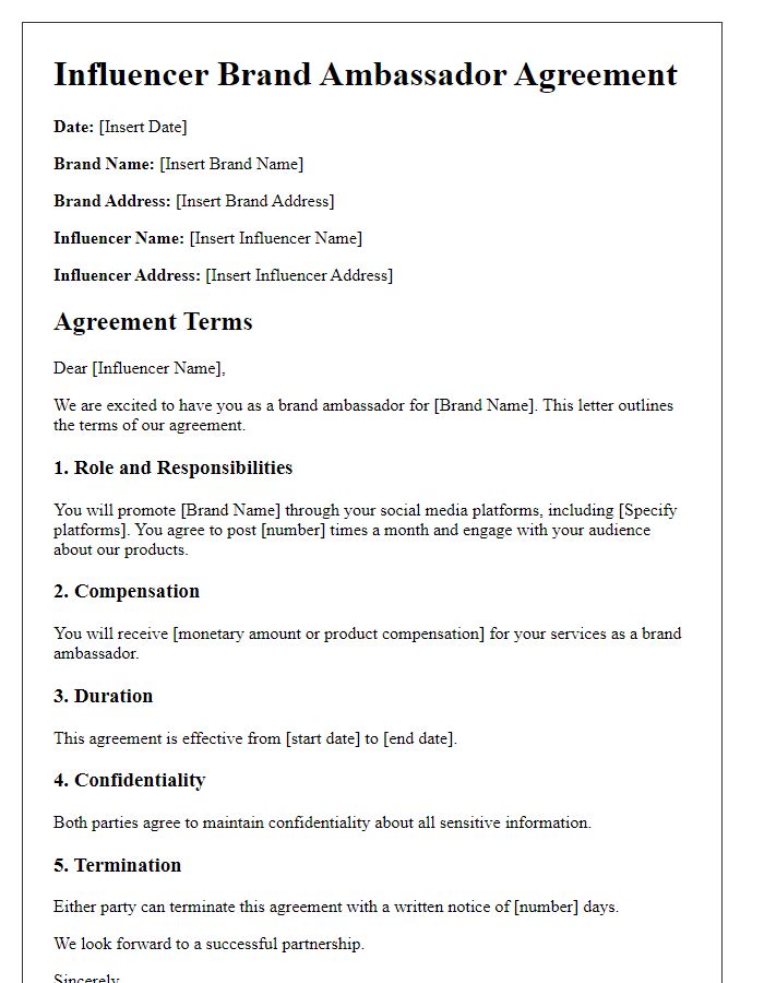 Letter template of influencer brand ambassador agreement