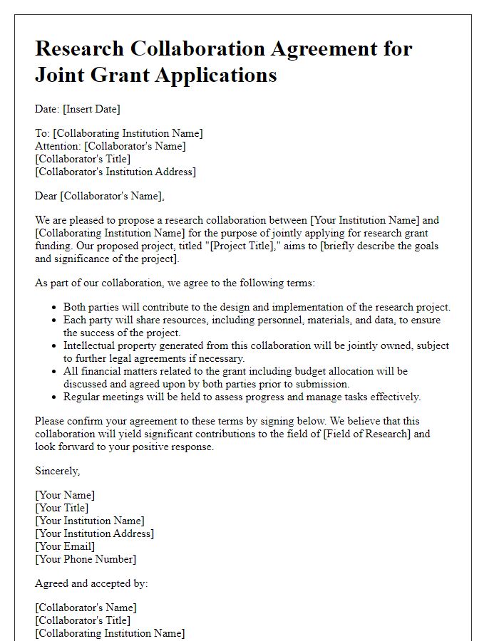 Letter template of research collaboration agreement for joint grant applications