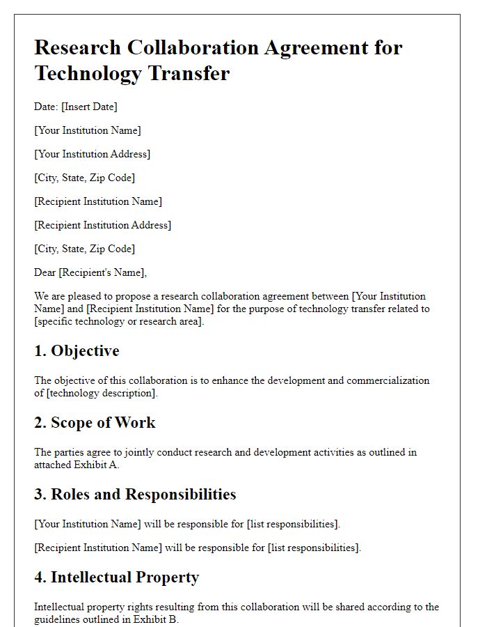 Letter template of research collaboration agreement for technology transfer