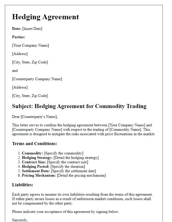 Letter template of hedging agreement for commodity trading