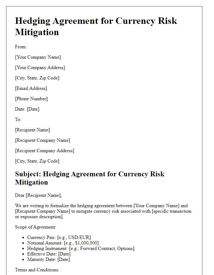 Letter template of hedging agreement for currency risk mitigation