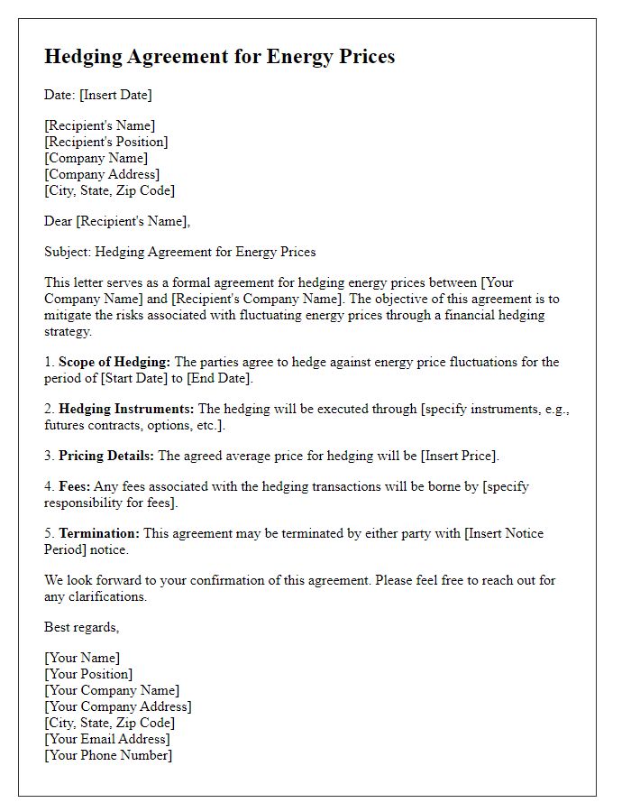 Letter template of hedging agreement for energy prices