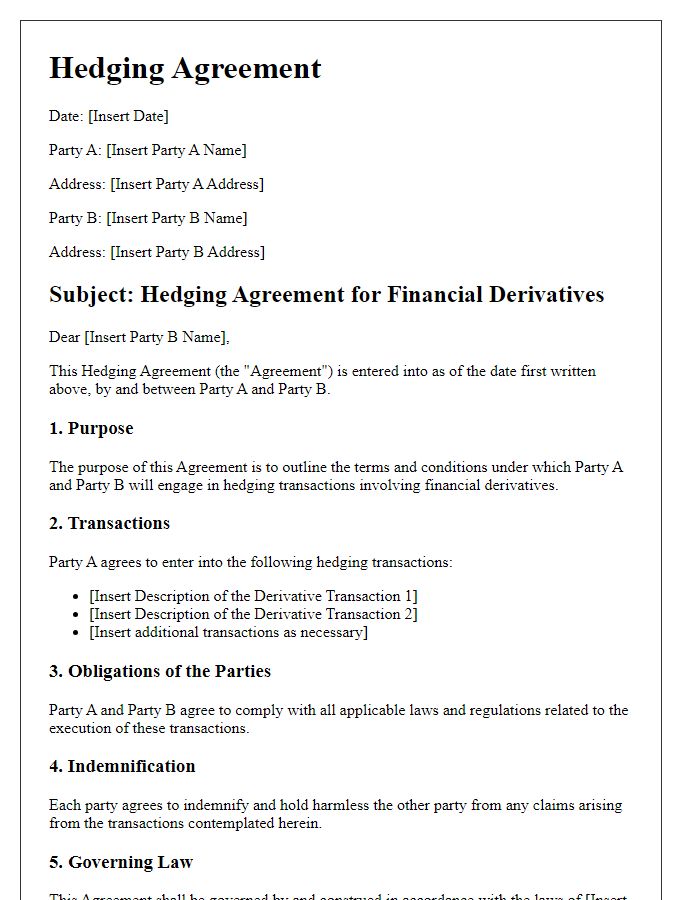 Letter template of hedging agreement for financial derivatives