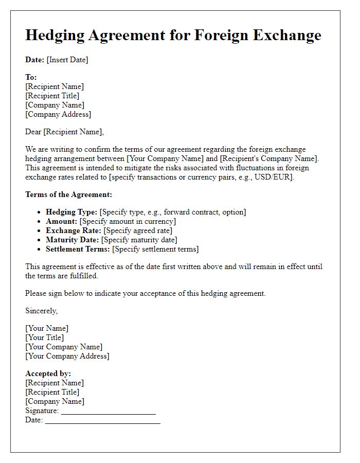 Letter template of hedging agreement for foreign exchange