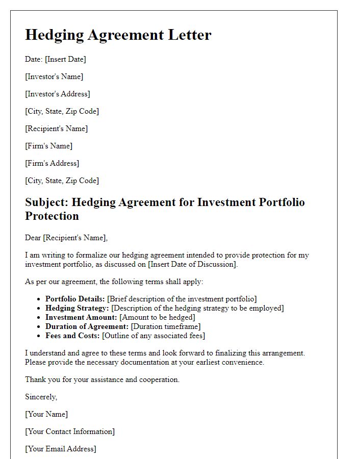 Letter template of hedging agreement for investment portfolio protection