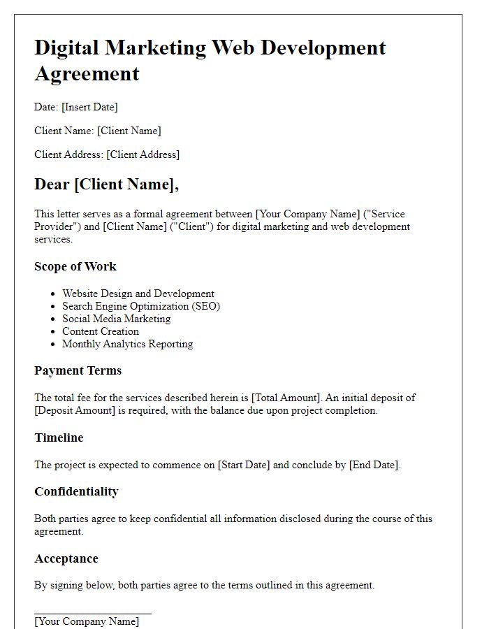 Letter template of digital marketing web development agreement