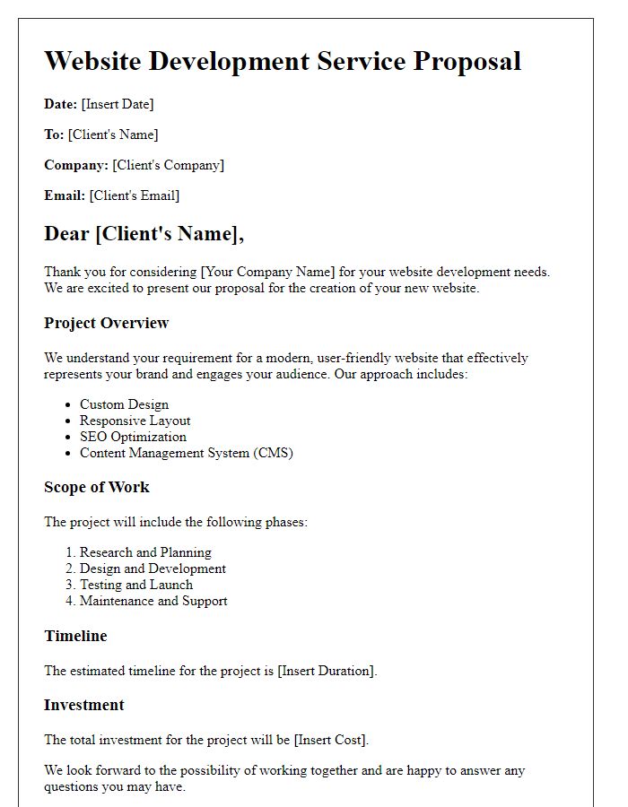 Letter template of website development service proposal