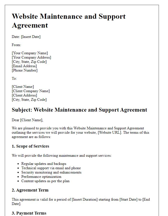 Letter template of website maintenance and support agreement