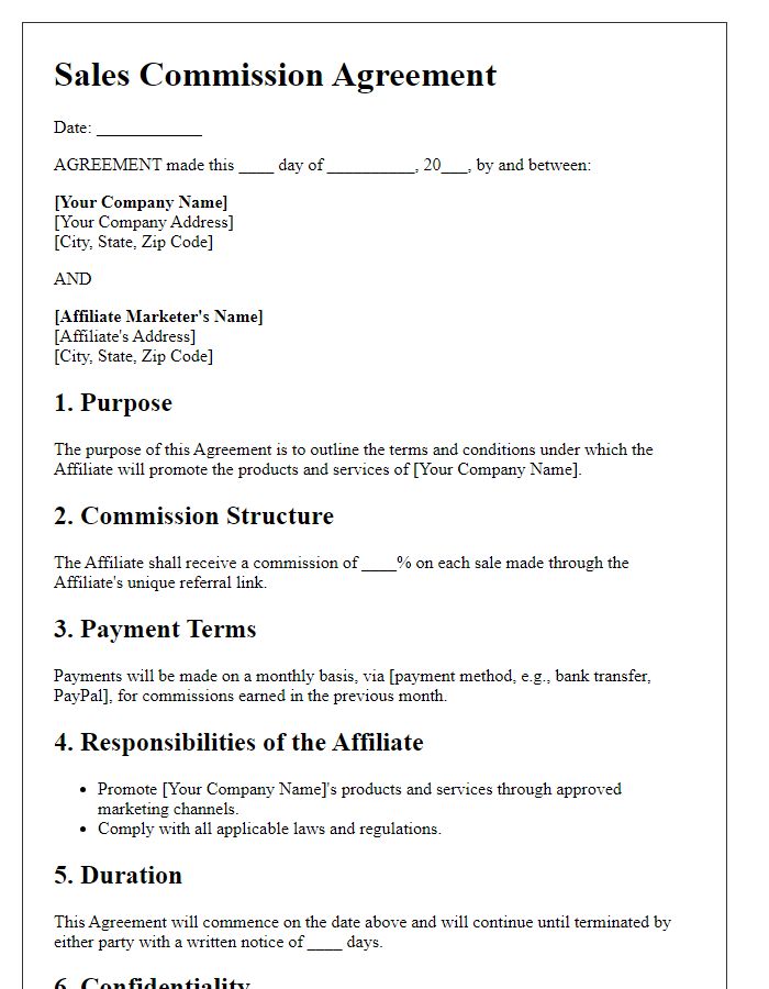 Letter template of Sales Commission Agreement for Affiliate Marketers