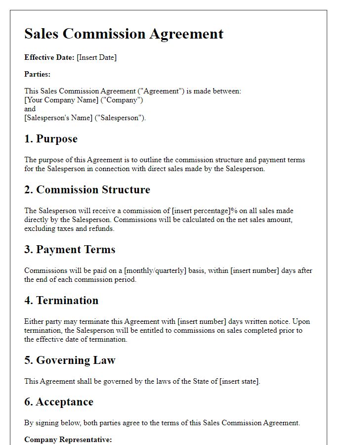 Letter template of Sales Commission Agreement for Direct Sales Organizations