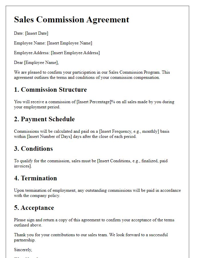 Letter template of Sales Commission Agreement for Employee Compensation